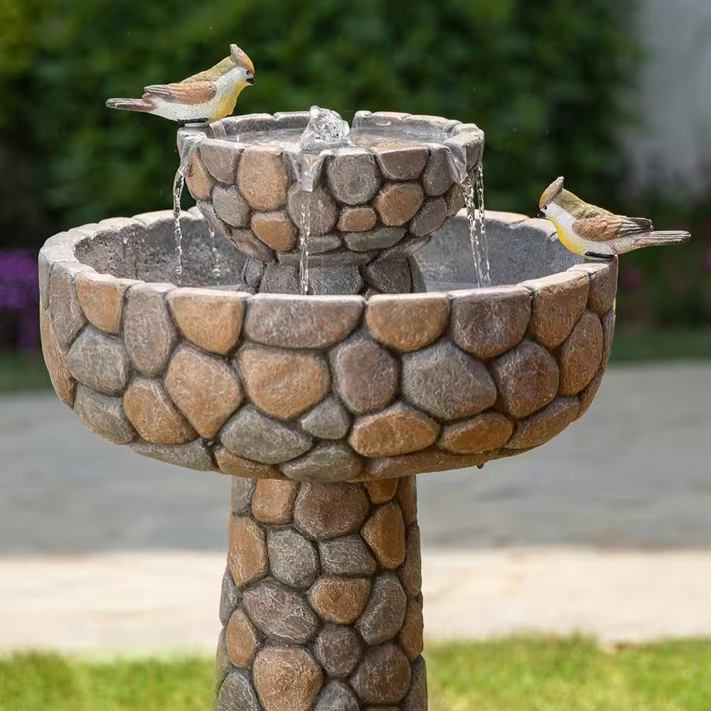 24.41 In. H Outdoor Polyresin 2-Tierd Stone-Like Birdbath Fountain