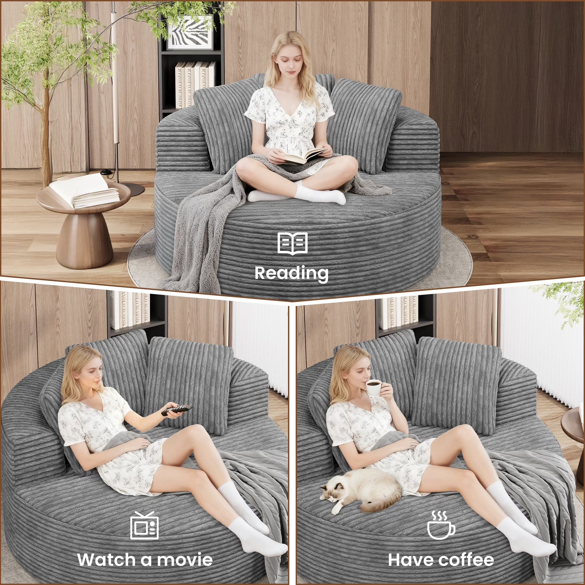 Magic Home Modern Lazy Sofa Foam Couch Sectional Sofa Togo Sofa Floor Sofa for Bedroom,Living Room,Apartment and Small Space,Single Seat Sofa,Gray