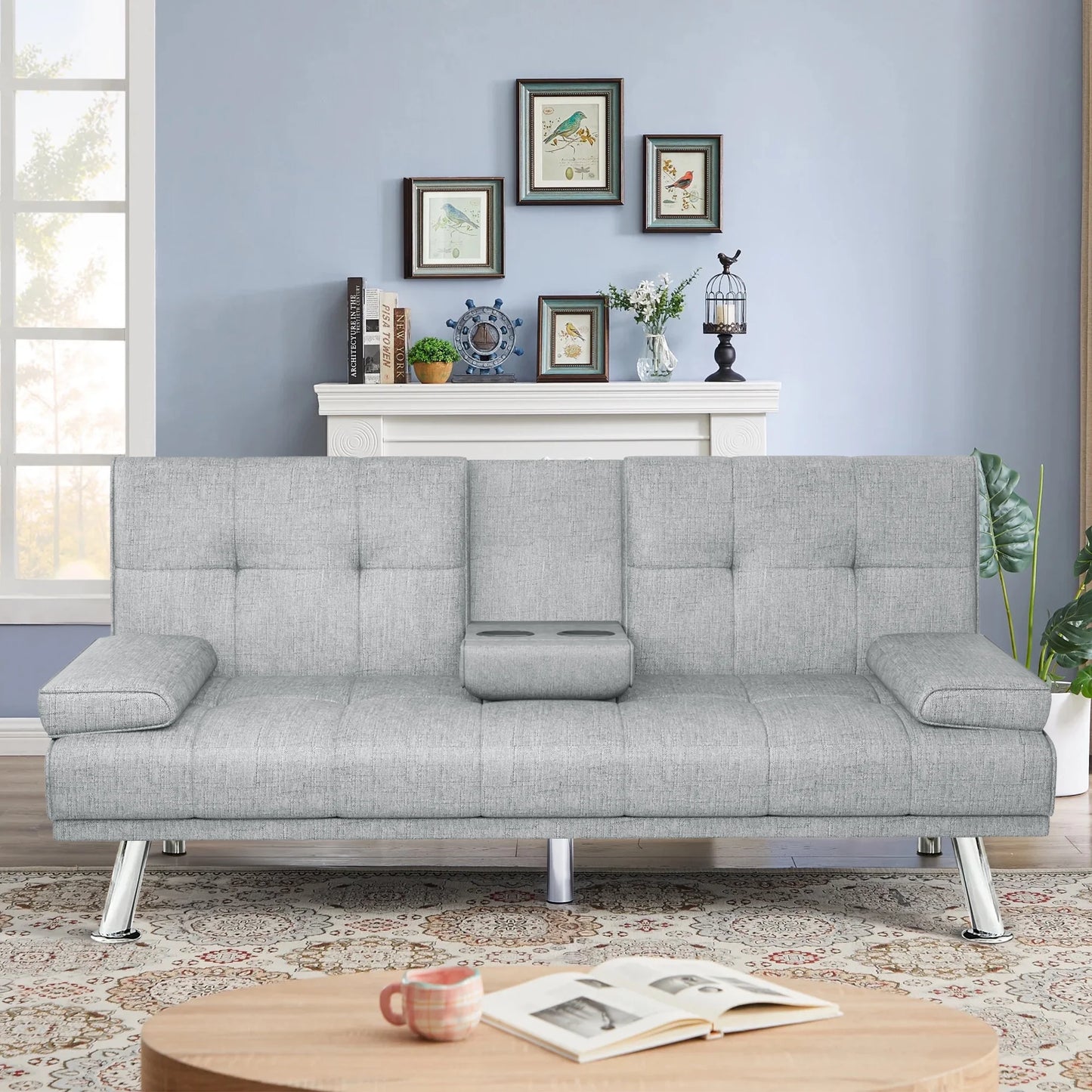 Modern Wood Convertible Futon Frame with Cupholders, Light Gray