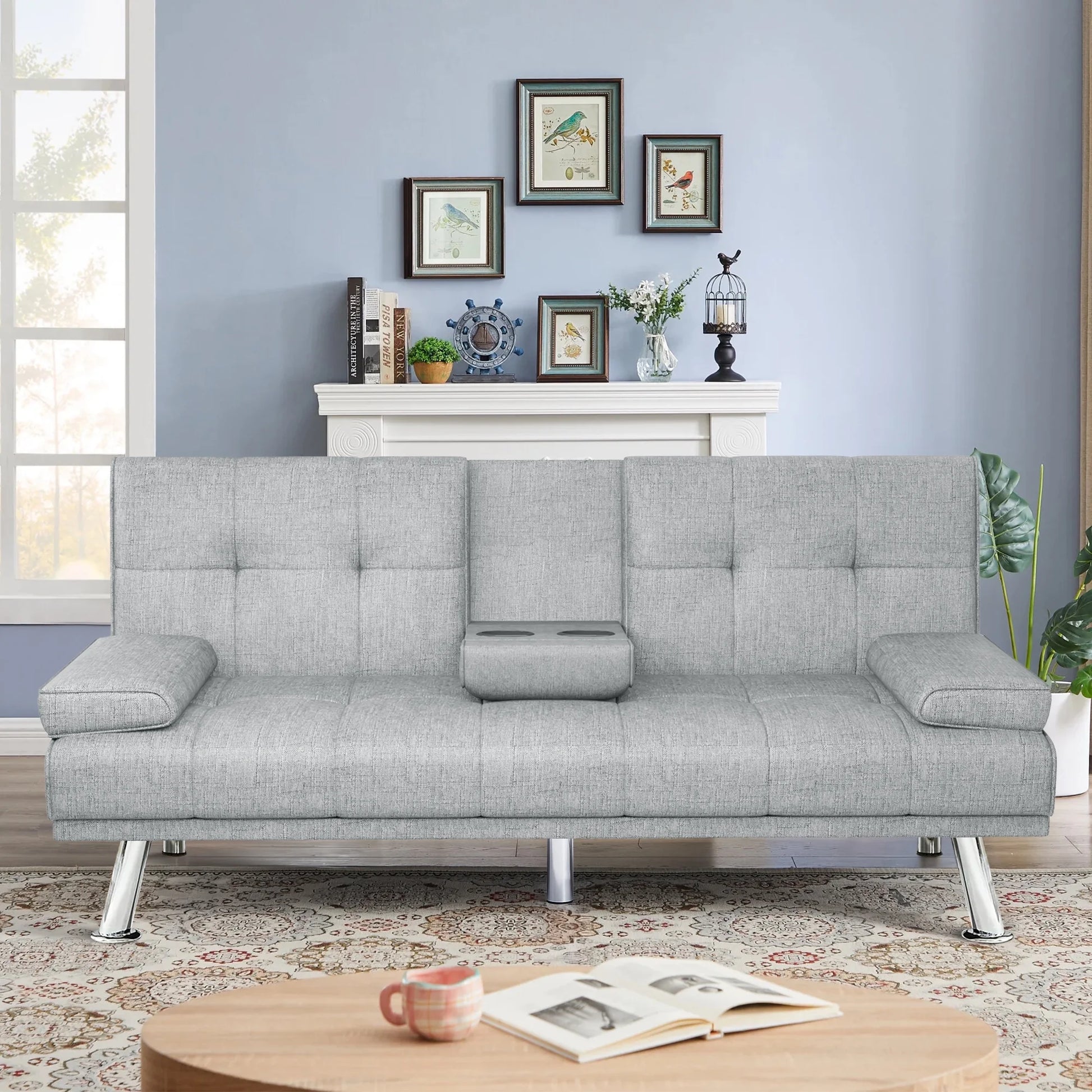 Modern Wood Convertible Futon Frame with Cupholders, Light Gray