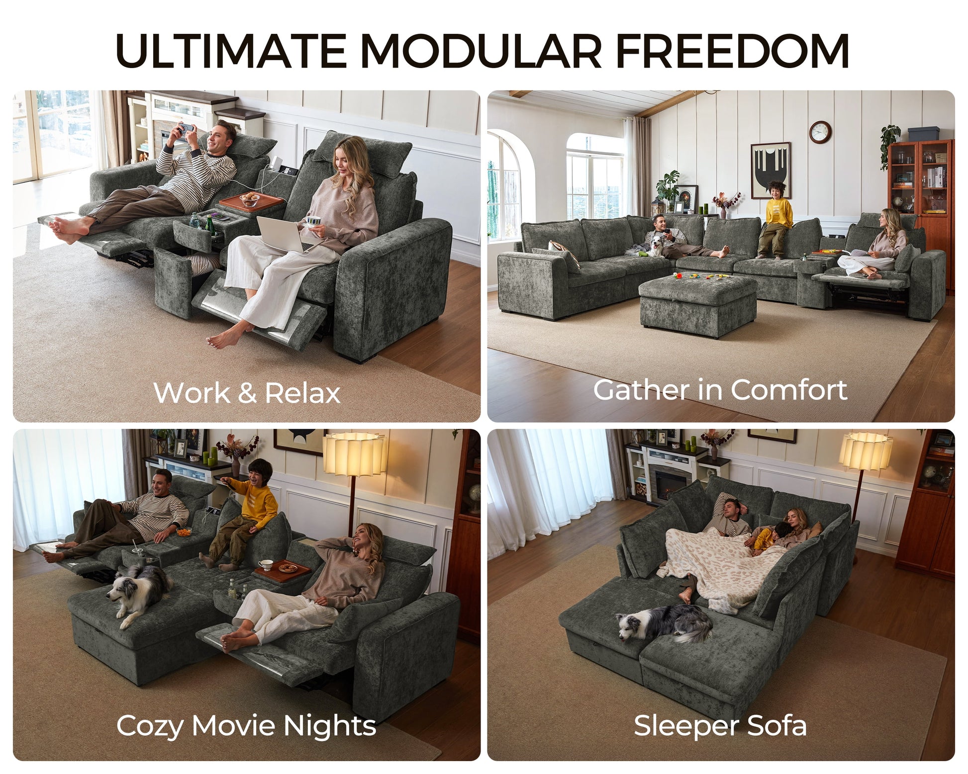 Modular Sectional Power Reclining Sofa Gray