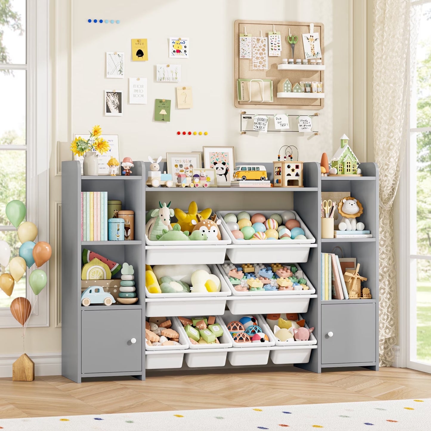 Kids Toy Organization Cubby Bookcase with 8 Bin, 2 Door Gray Storage Organizer Bookshelf for Children Room Playroom