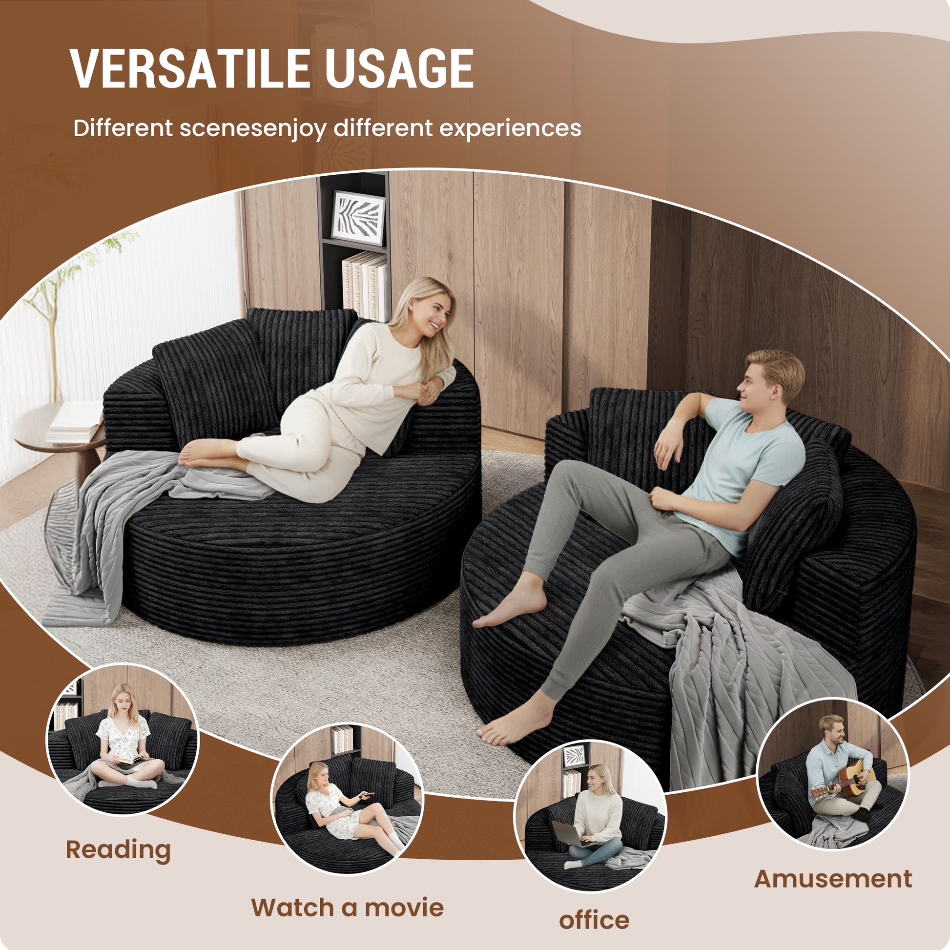 Magic Home Modern Lazy Sofa Foam Couch Sectional Sofa Togo Sofa Floor Sofa for Bedroom,Living Room,Apartment and Small Space,Single Seat Sofa,Black
