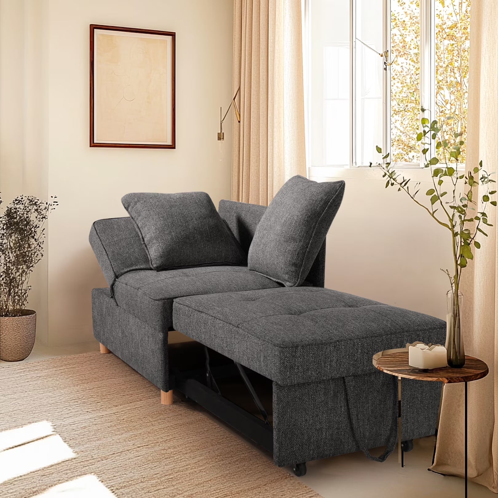 4-In-1 Convertible Chair Bed, Linen Sleeper Chair for Small Space, Futon Sofa Bed with 2 Throw Pillows for Living Room, Single Recliner with 5 Adjustable Backrest for Bedroom Apartment, Black