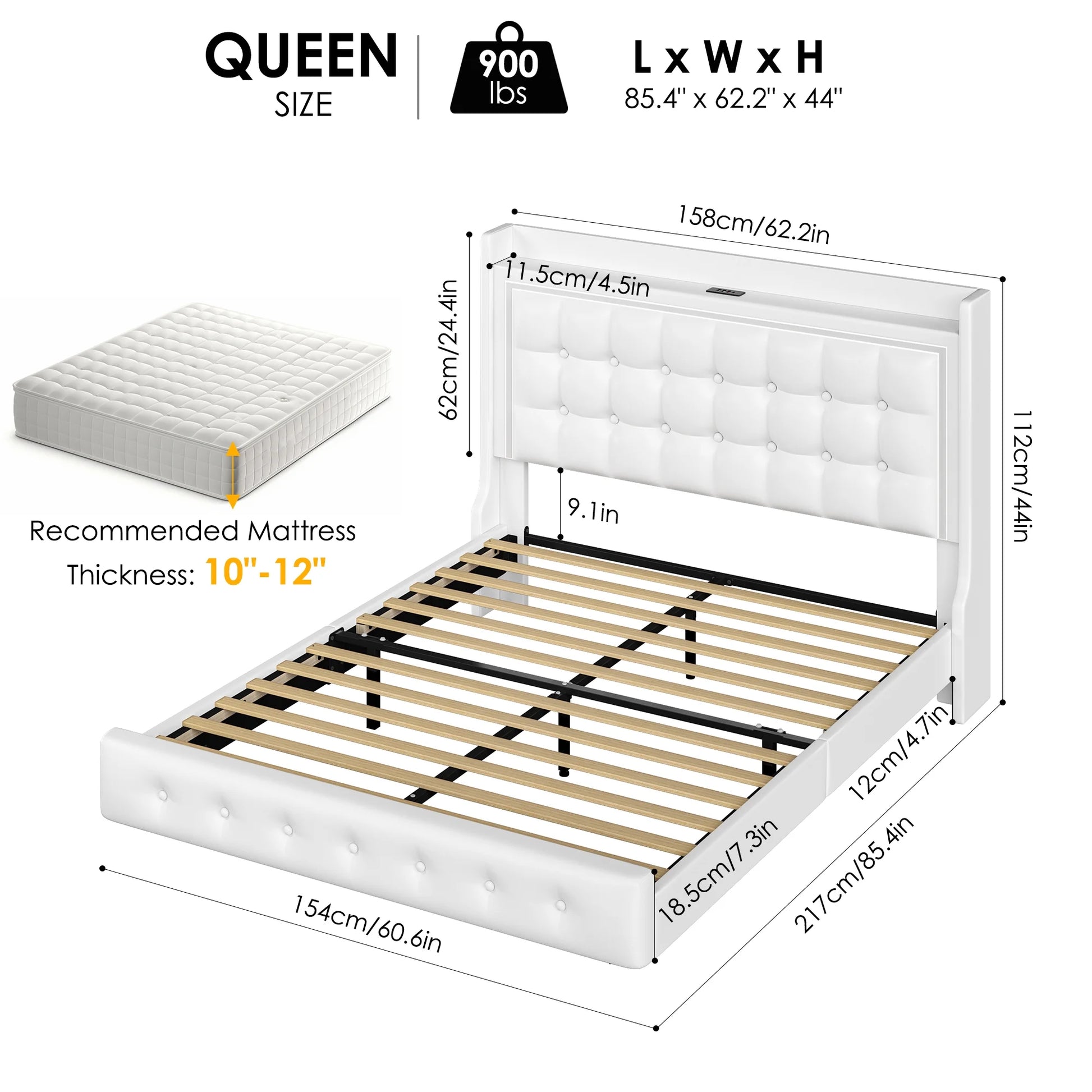 Queen Size Floating Bed with LED Lights Charging Station, Modern PU Upholstered Platform Bed with Storage Headboard, White