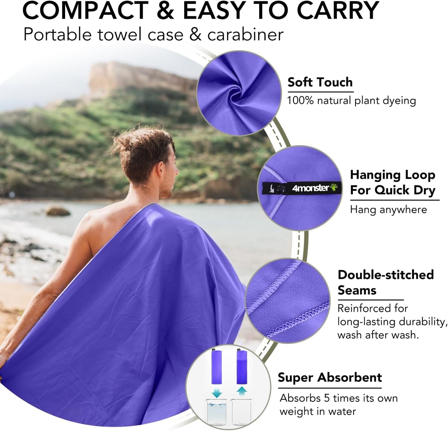 Quick Dry Travel Towel with Case & Carabiner – Super Absorbent Microfiber Gym & Camping Towel. Compact, Lightweight, Fast Drying for Beach, Swimming, Hiking, Backpacking