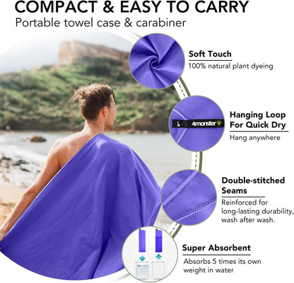 Quick Dry Travel Towel with Case & Carabiner – Super Absorbent Microfiber Gym & Camping Towel. Compact, Lightweight, Fast Drying for Beach, Swimming, Hiking, Backpacking