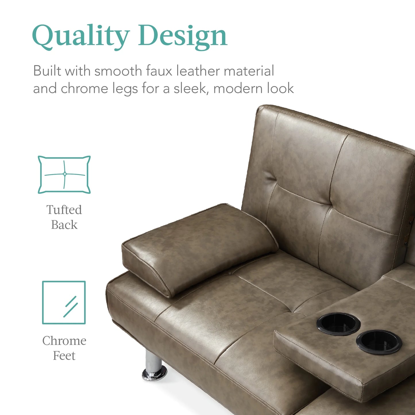 Modern Faux Leather Convertible Futon Sofa W/ Removable Armrests, 2 Cupholders - Gray