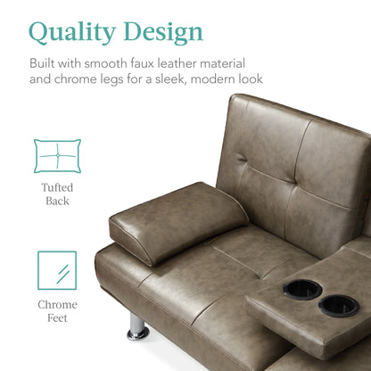 Modern Faux Leather Convertible Futon Sofa W/ Removable Armrests, 2 Cupholders - Gray