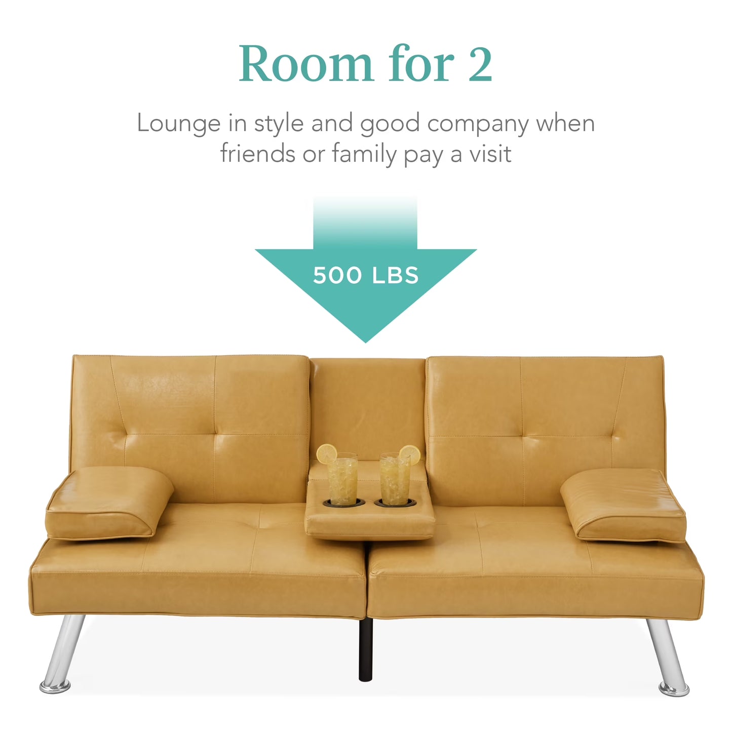 Modern Faux Leather Convertible Futon Sofa W/ Removable Armrests, 2 Cupholders - Camel Yellow
