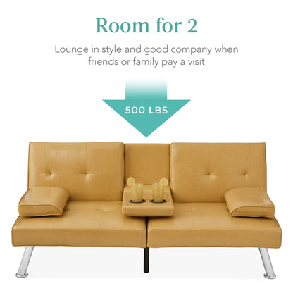 Modern Faux Leather Convertible Futon Sofa W/ Removable Armrests, 2 Cupholders - Camel Yellow