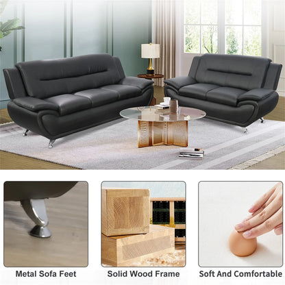 3 Piece Sofa Set - 46" Wide Upholstered Sofa Couch Armchair, Leather, Black