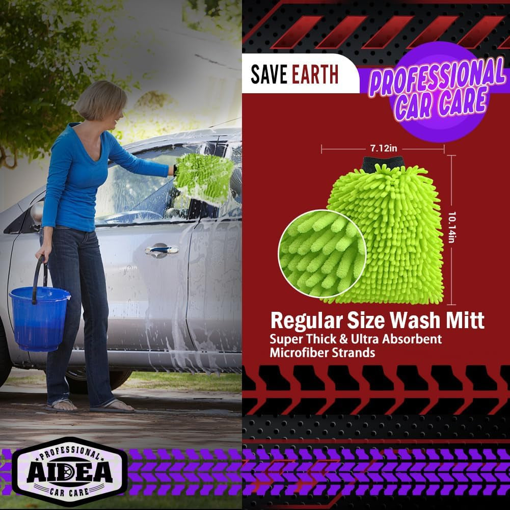 Car Wash Mitt Microfiber, 2PK Scratch Free Lint-Free, Premium Chenille Microfiber Mitt Car Wash Brush, Green, Regular Size 7.12''X10.14''