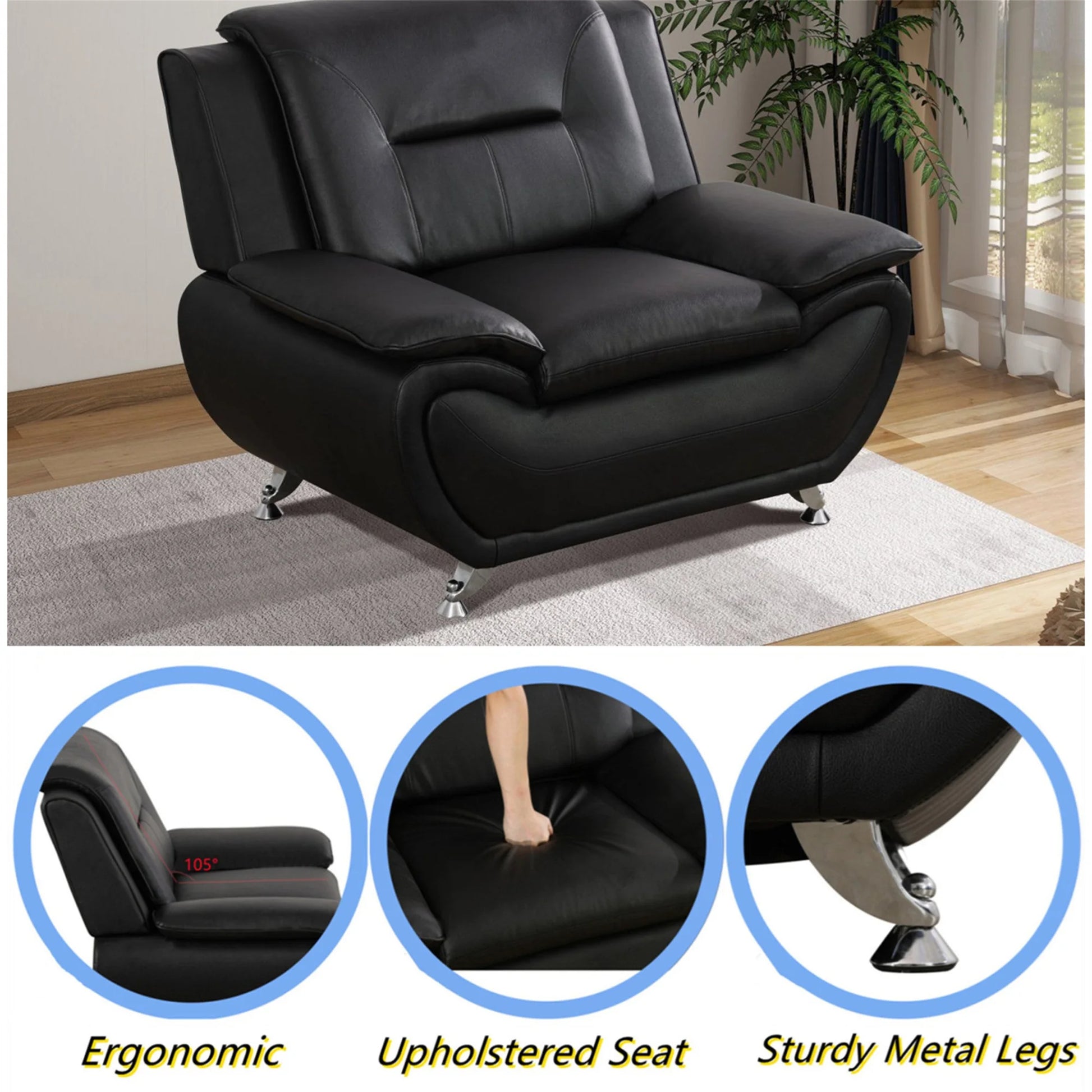 3 Piece Sofa Set - 46" Wide Upholstered Sofa Couch Armchair, Leather, Black
