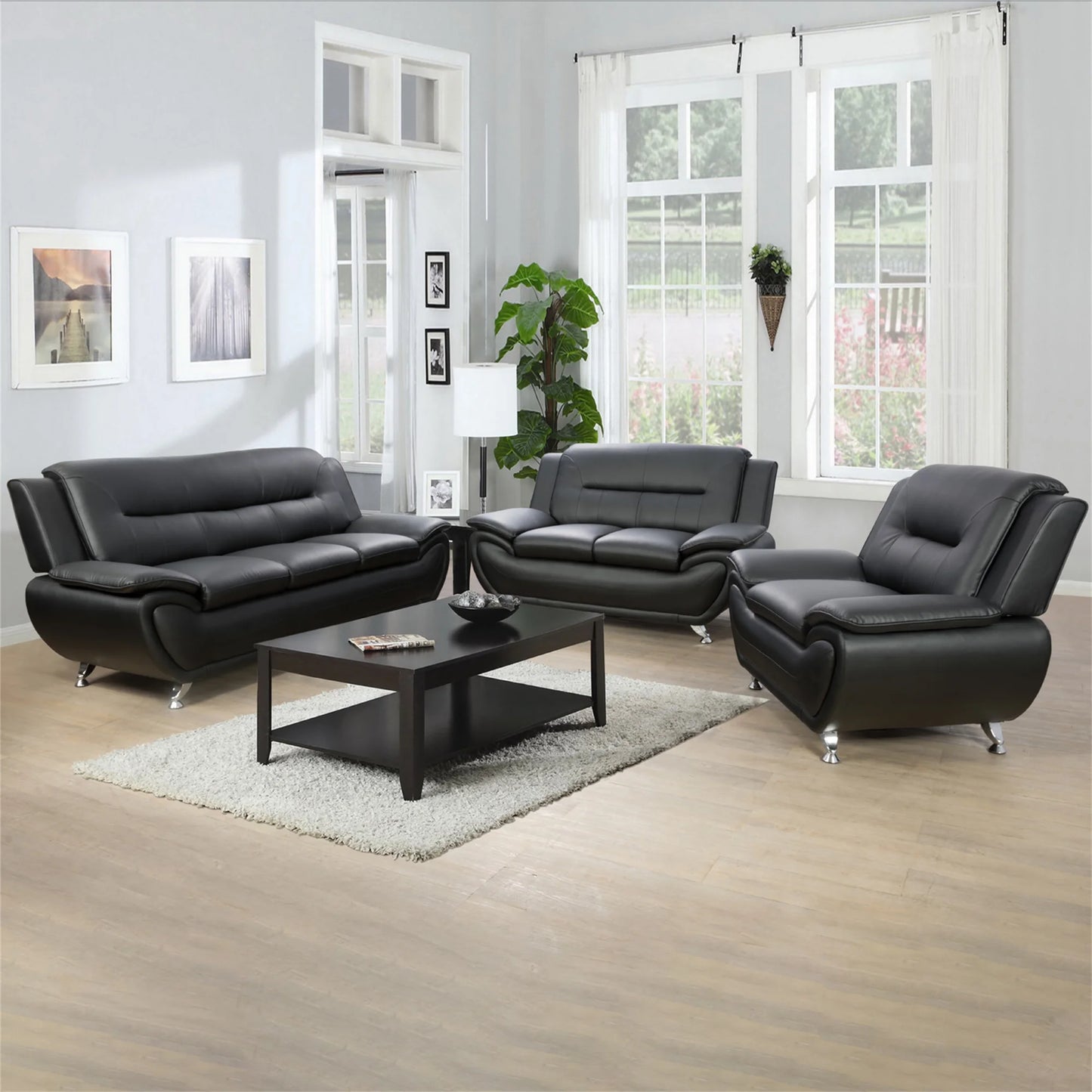 3 Piece Sofa Set - 46" Wide Upholstered Sofa Couch Armchair, Leather, Black