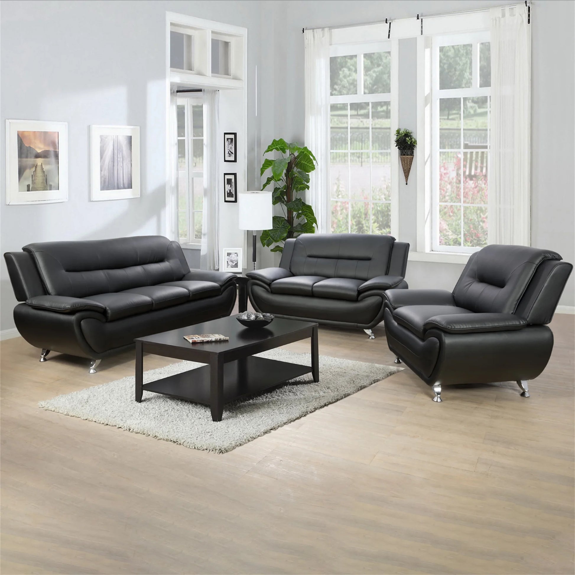 3 Piece Sofa Set - 46" Wide Upholstered Sofa Couch Armchair, Leather, Black