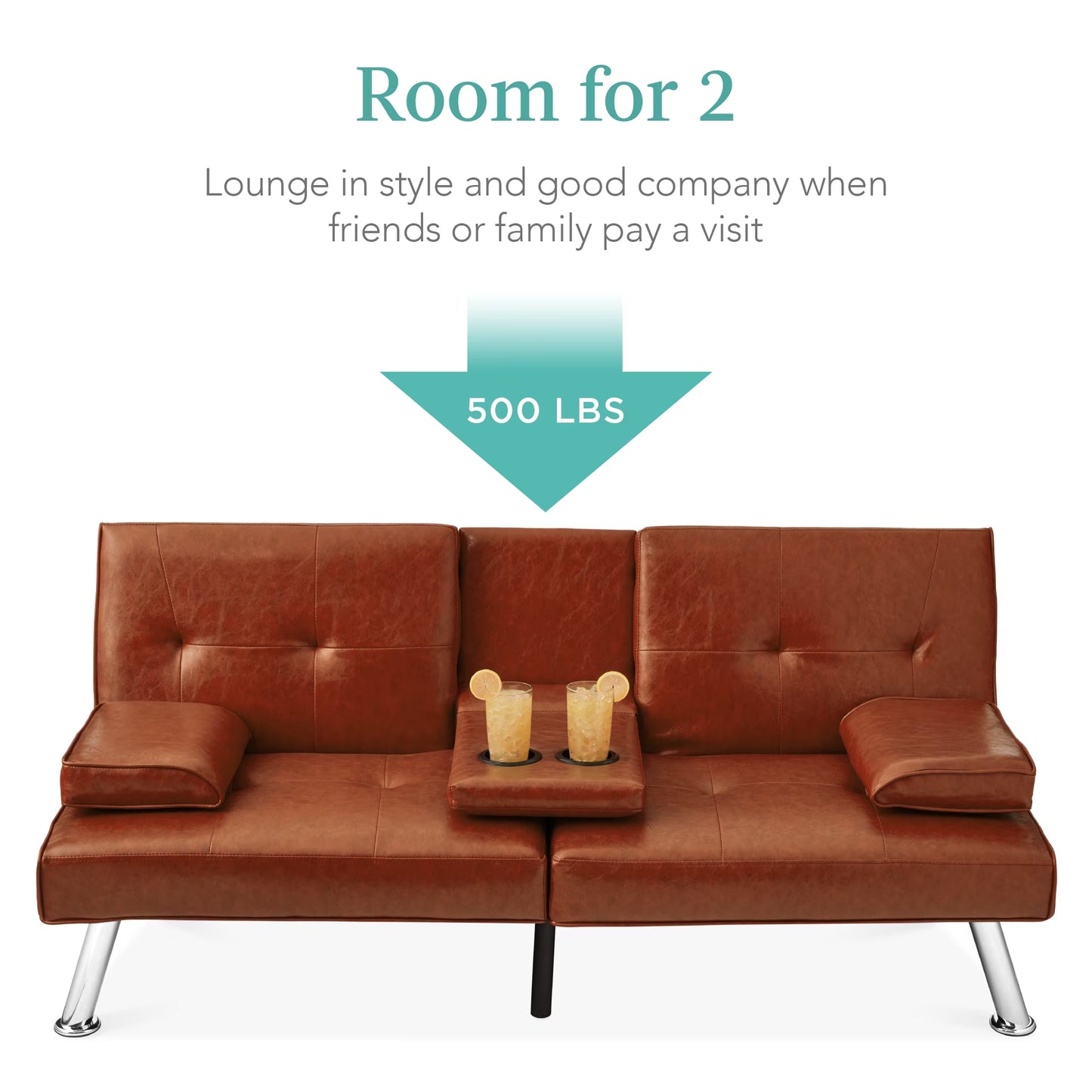 Modern Faux Leather Convertible Futon Sofa W/ Removable Armrests, 2 Cupholders - Medium Brown