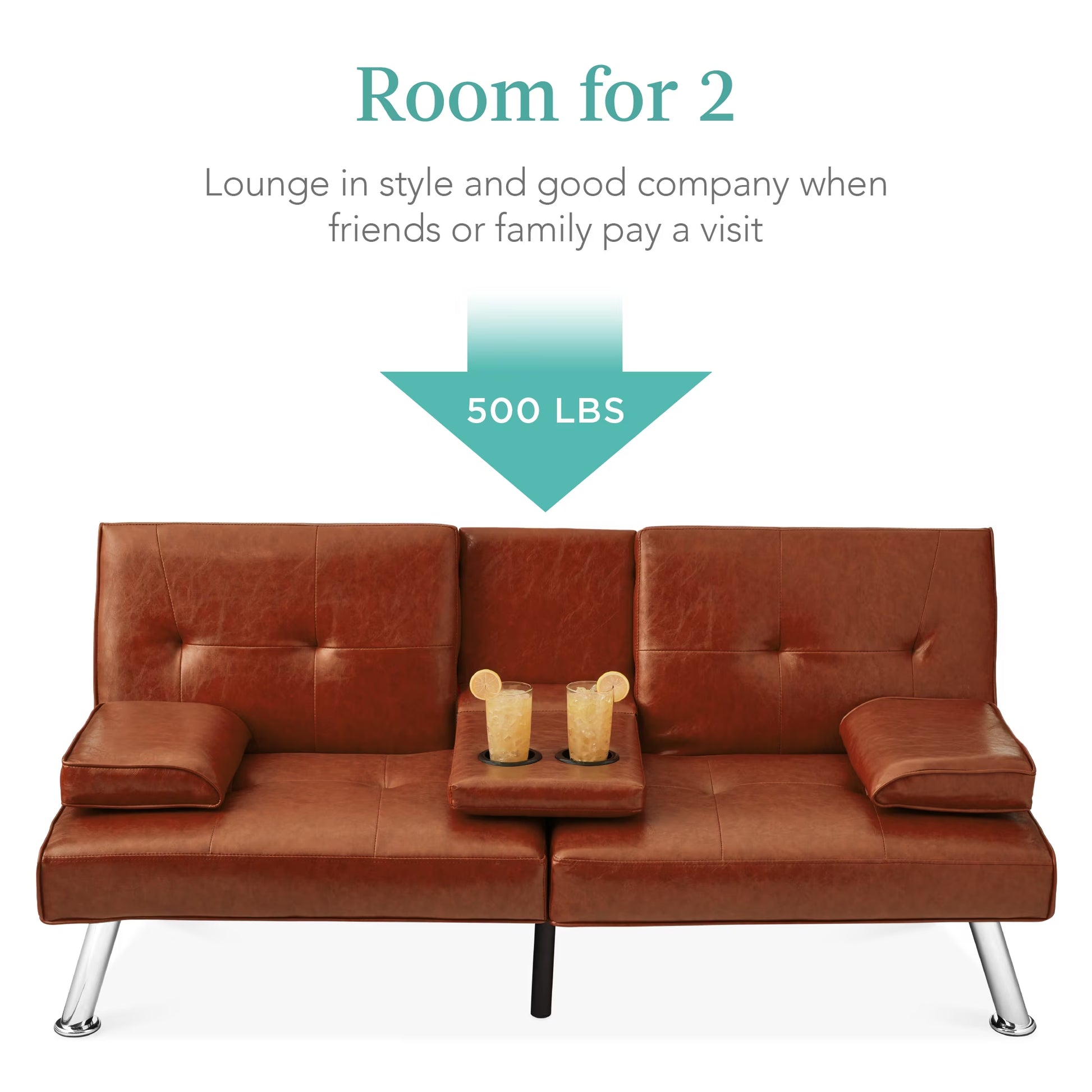 Modern Faux Leather Convertible Futon Sofa W/ Removable Armrests, 2 Cupholders - Medium Brown
