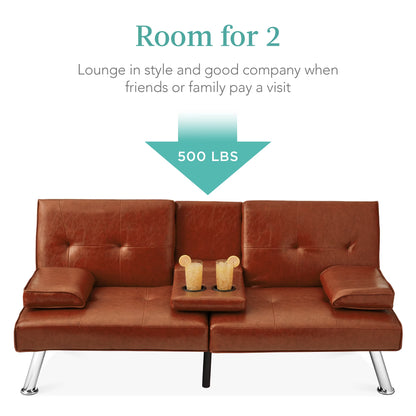 Modern Faux Leather Convertible Futon Sofa W/ Removable Armrests, 2 Cupholders - Medium Brown