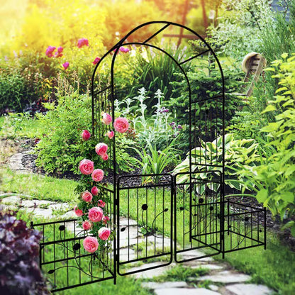 Hot Seller Garden 86.6 In. Iron Arch Black Trellis with Double Gate Design for High Climbing Plants Support Rose