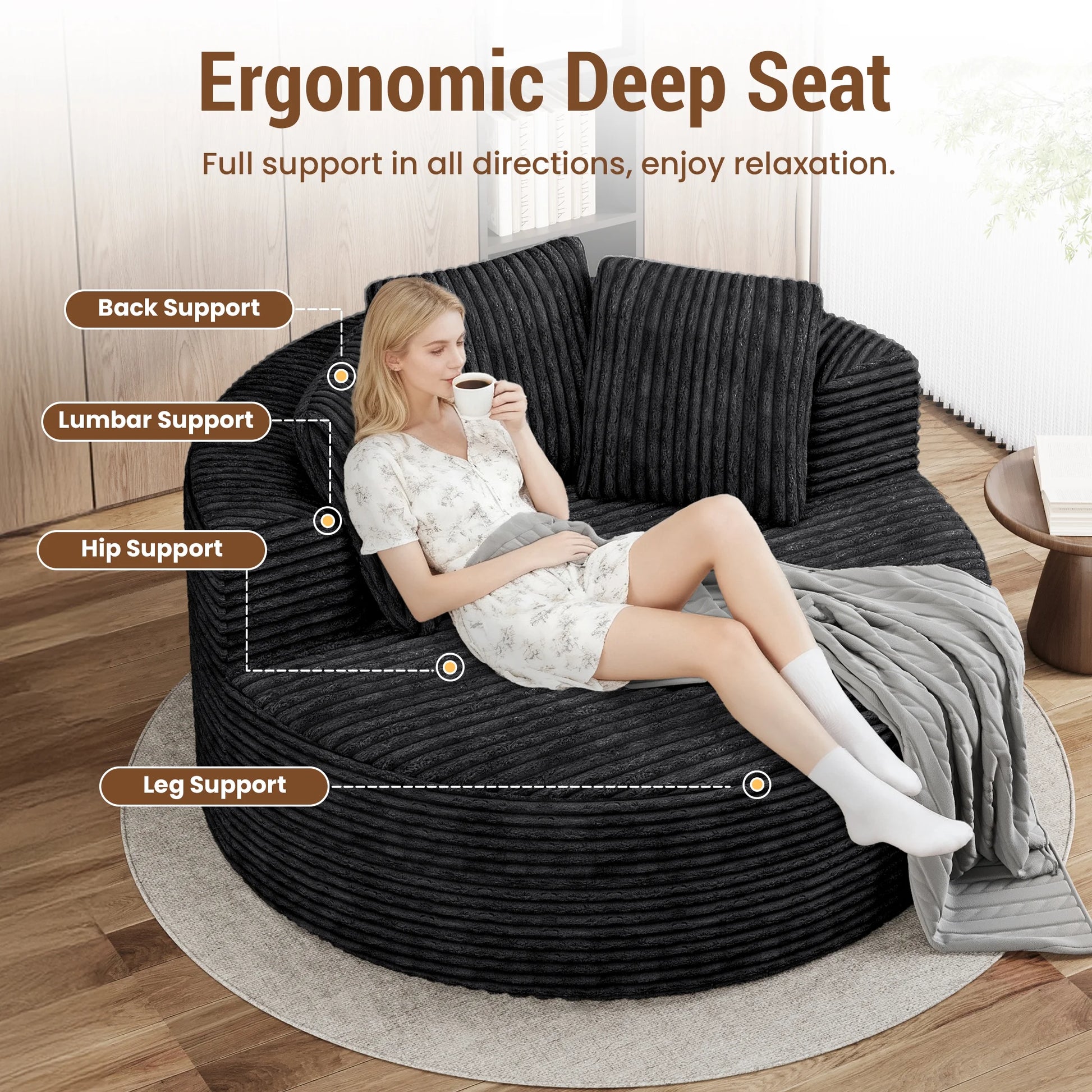 Magic Home Modern Lazy Sofa Foam Couch Sectional Sofa Togo Sofa Floor Sofa for Bedroom,Living Room,Apartment and Small Space,Single Seat Sofa,Black