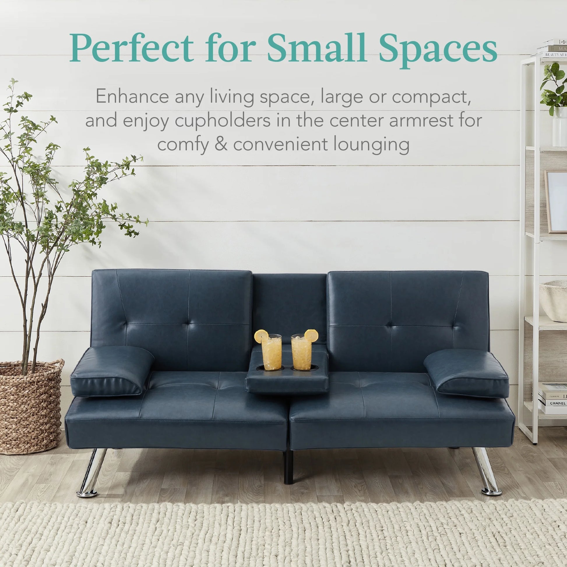 Modern Faux Leather Convertible Futon Sofa W/ Removable Armrests, 2 Cupholders - Blue