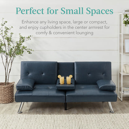 Modern Faux Leather Convertible Futon Sofa W/ Removable Armrests, 2 Cupholders - Blue