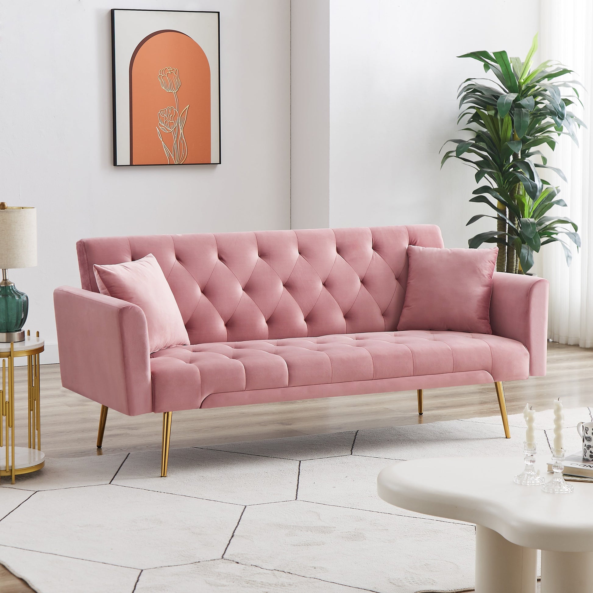 71 Inches Velvet Futon Sofa Bed with 2 Pillows,Modern Convertible Futon Couch with 3 Adjustable Backrest Angles and Gold Metal Feet,Suitable for Apartment,Living Room,Small Space,Pink