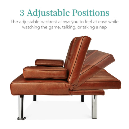 Modern Faux Leather Convertible Futon Sofa W/ Removable Armrests, 2 Cupholders - Medium Brown