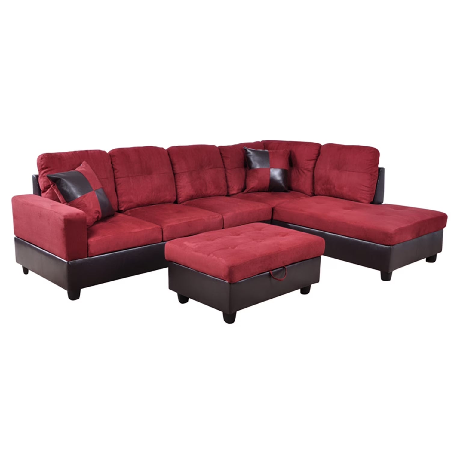 Flannel and PVC Sectional Sofa Couch Living Room Furniture Sets, Modern L Shaped Sectional Sofa Set, Red(No Ottoman)