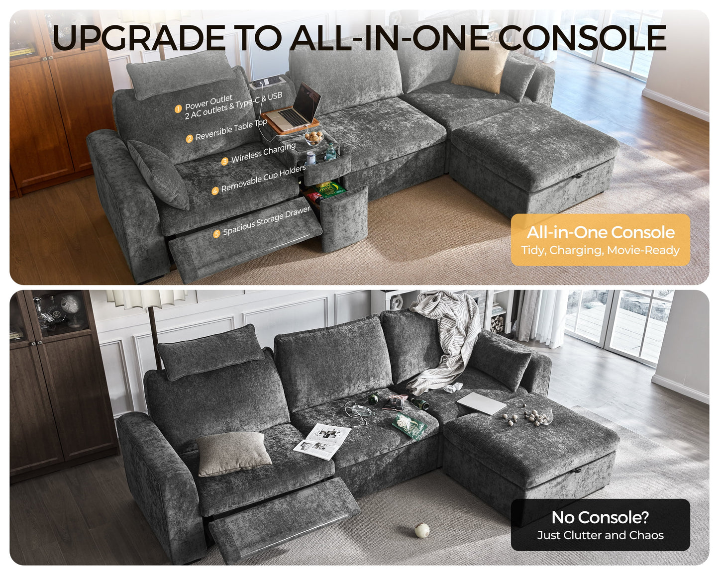 Modular Sectional Power Reclining Sofa Gray