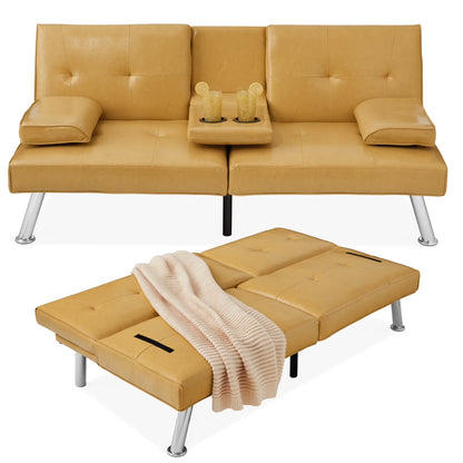 Modern Faux Leather Convertible Futon Sofa W/ Removable Armrests, 2 Cupholders - Camel Yellow