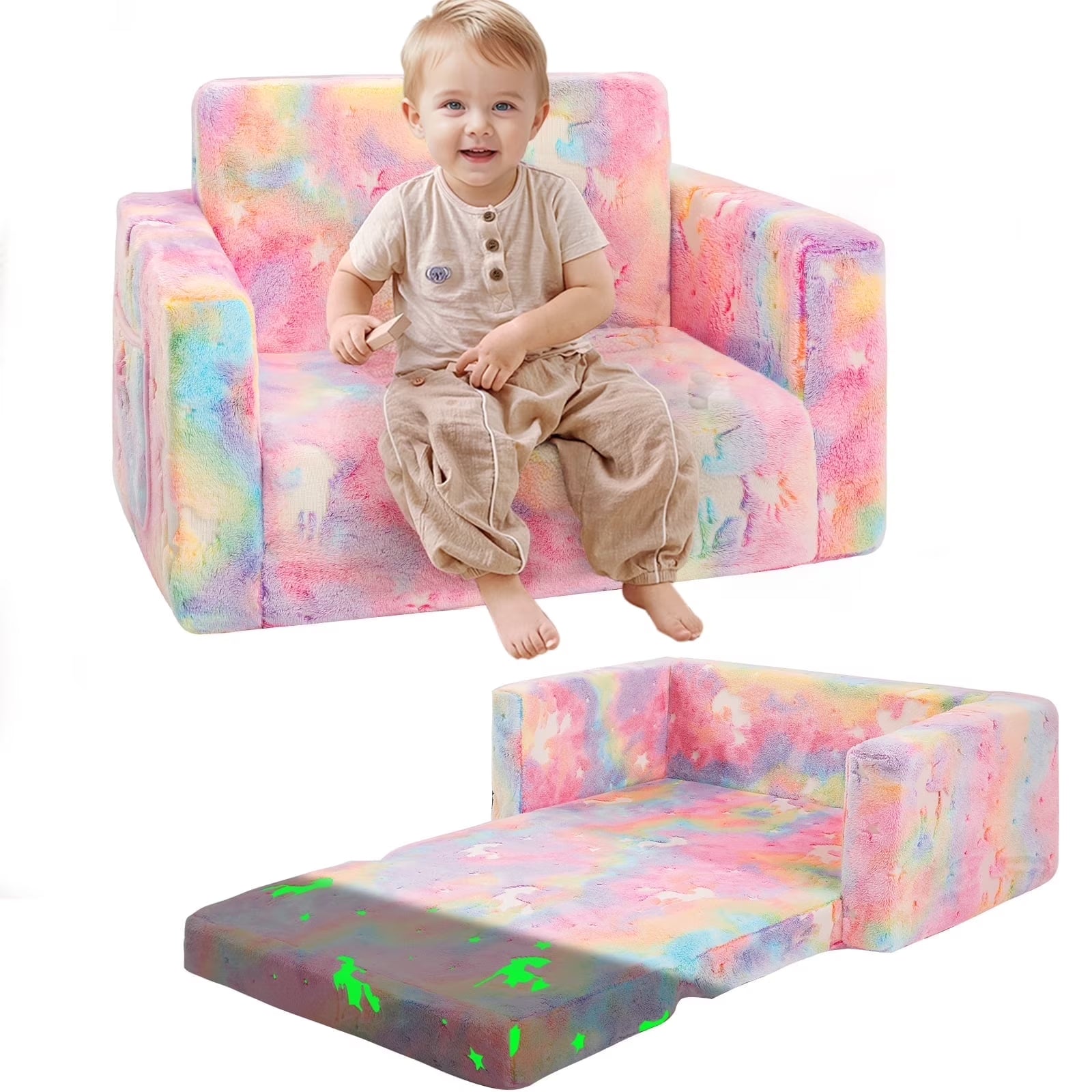 Glow-In-The-Dark Unicorn Toddler Sofa, 2-In-1 Foldable Plush Chair & Lounger for Kids Boys & Girls, Removable Washable Cover