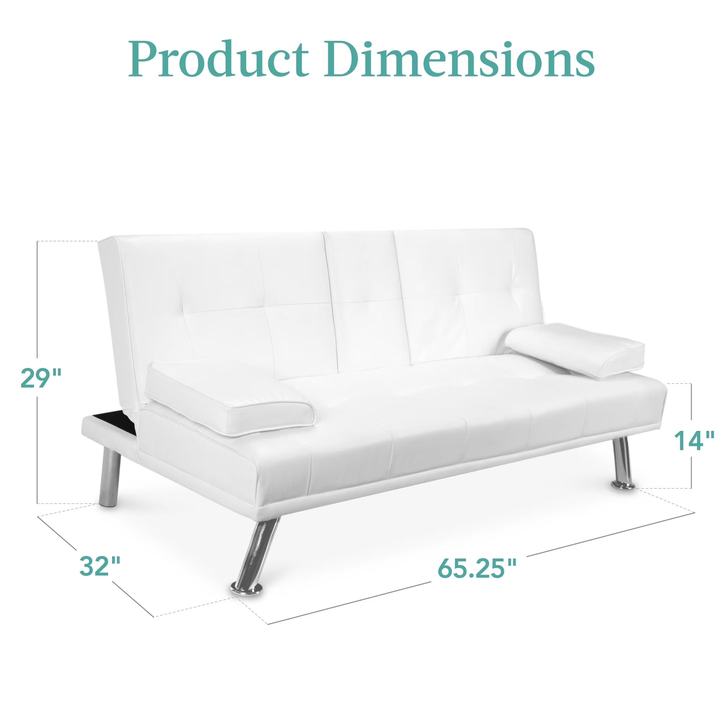 Modern Faux Leather Convertible Futon Sofa W/ Removable Armrests, 2 Cupholders - White