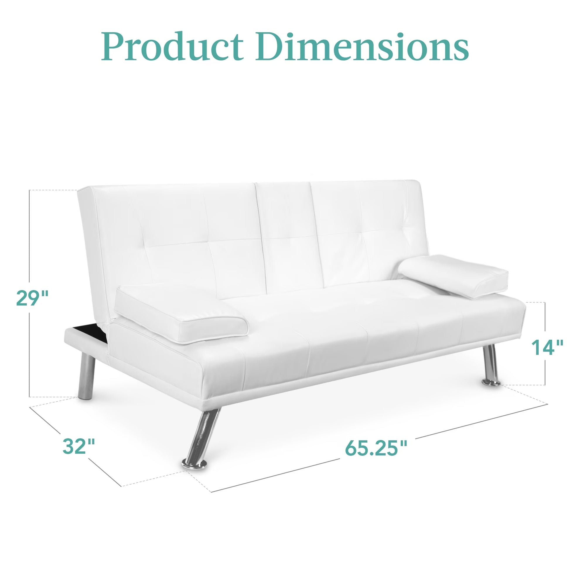 Modern Faux Leather Convertible Futon Sofa W/ Removable Armrests, 2 Cupholders - White