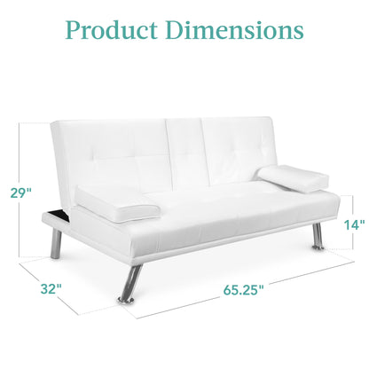 Modern Faux Leather Convertible Futon Sofa W/ Removable Armrests, 2 Cupholders - White