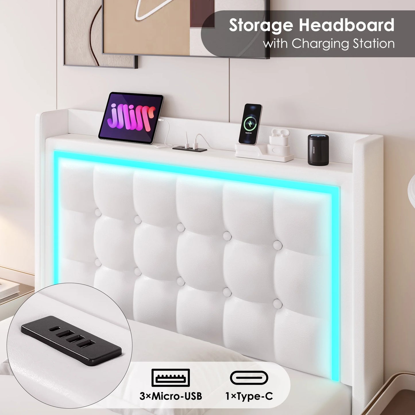 Twin Size Floating Bed with LED Lights Charging Station, Modern PU Upholstered Platform Bed with Storage Headboard, White