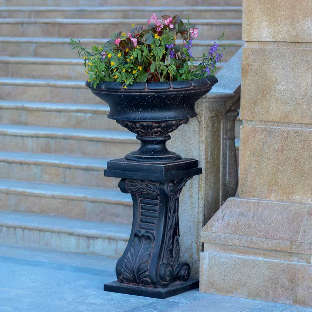 17 In. H Charcoal Cast Stone Fiberglass Low Urn