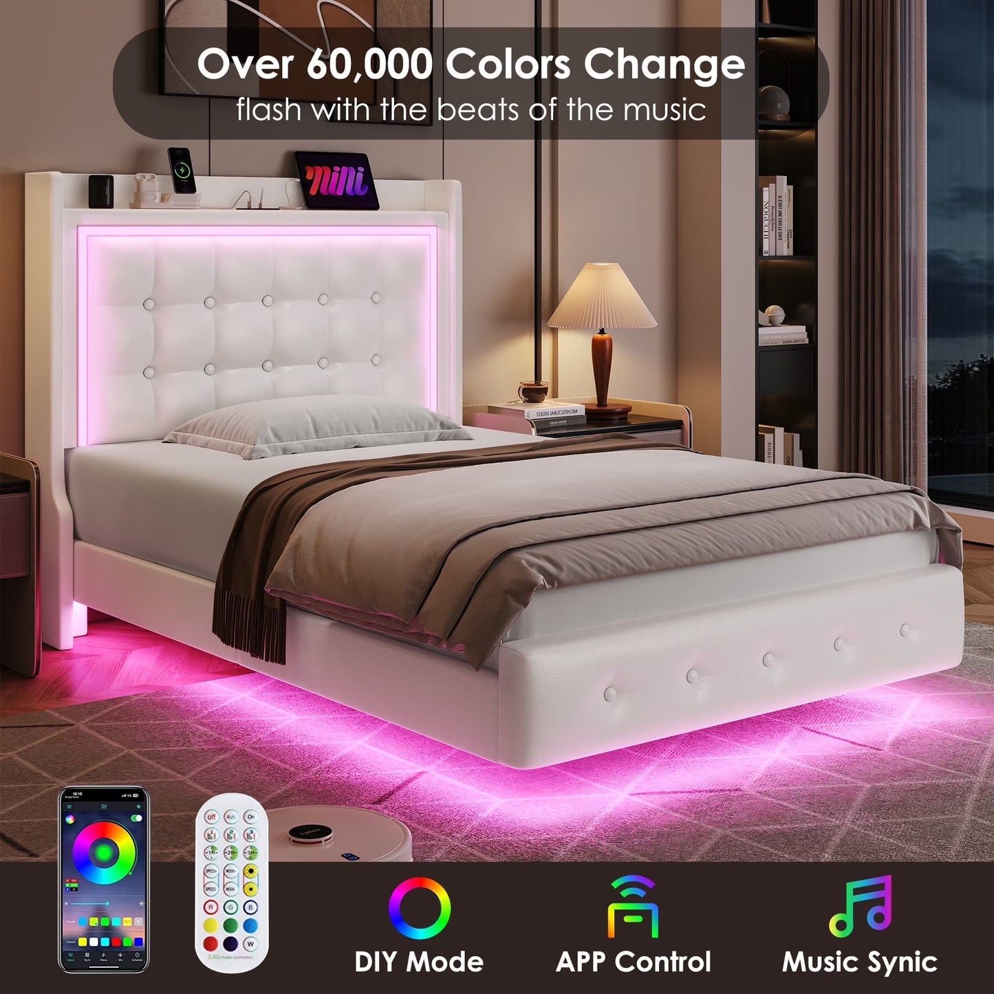 Twin Size Floating Bed with LED Lights Charging Station, Modern PU Upholstered Platform Bed with Storage Headboard, White
