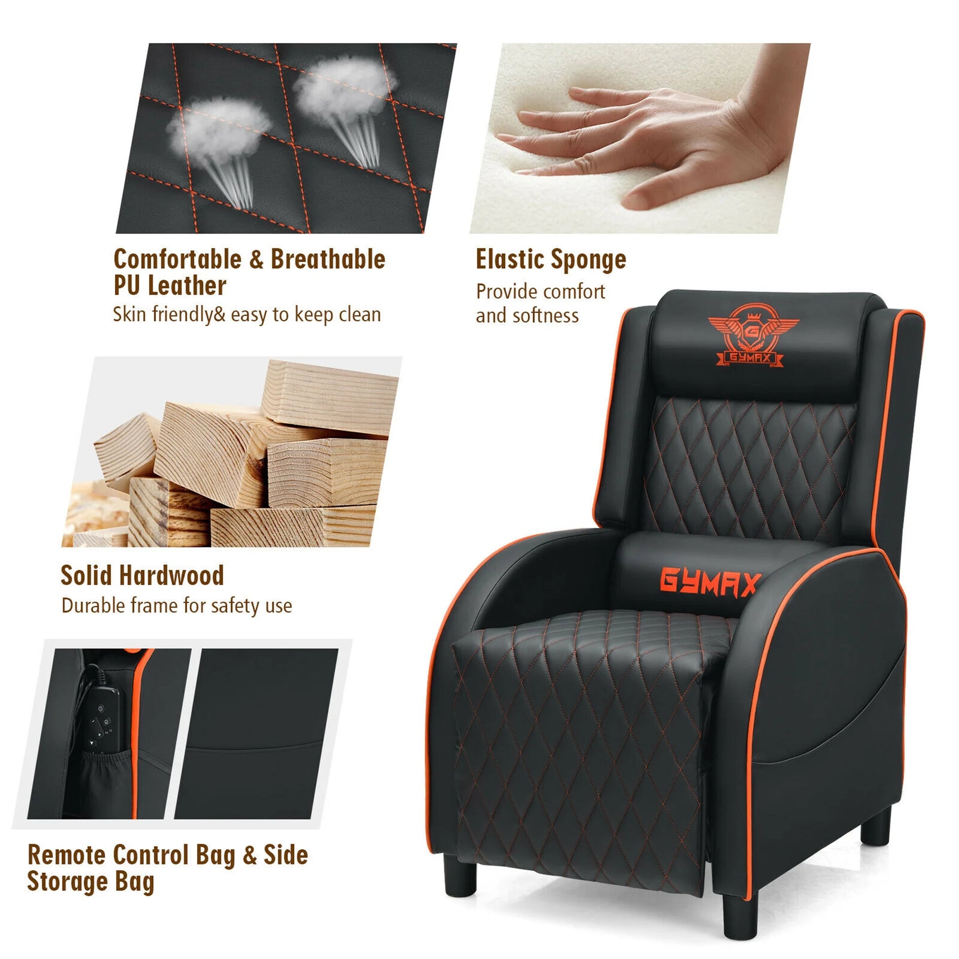 Massage Gaming Recliner Chair Leather Single Sofa Home Theater Seat Orange