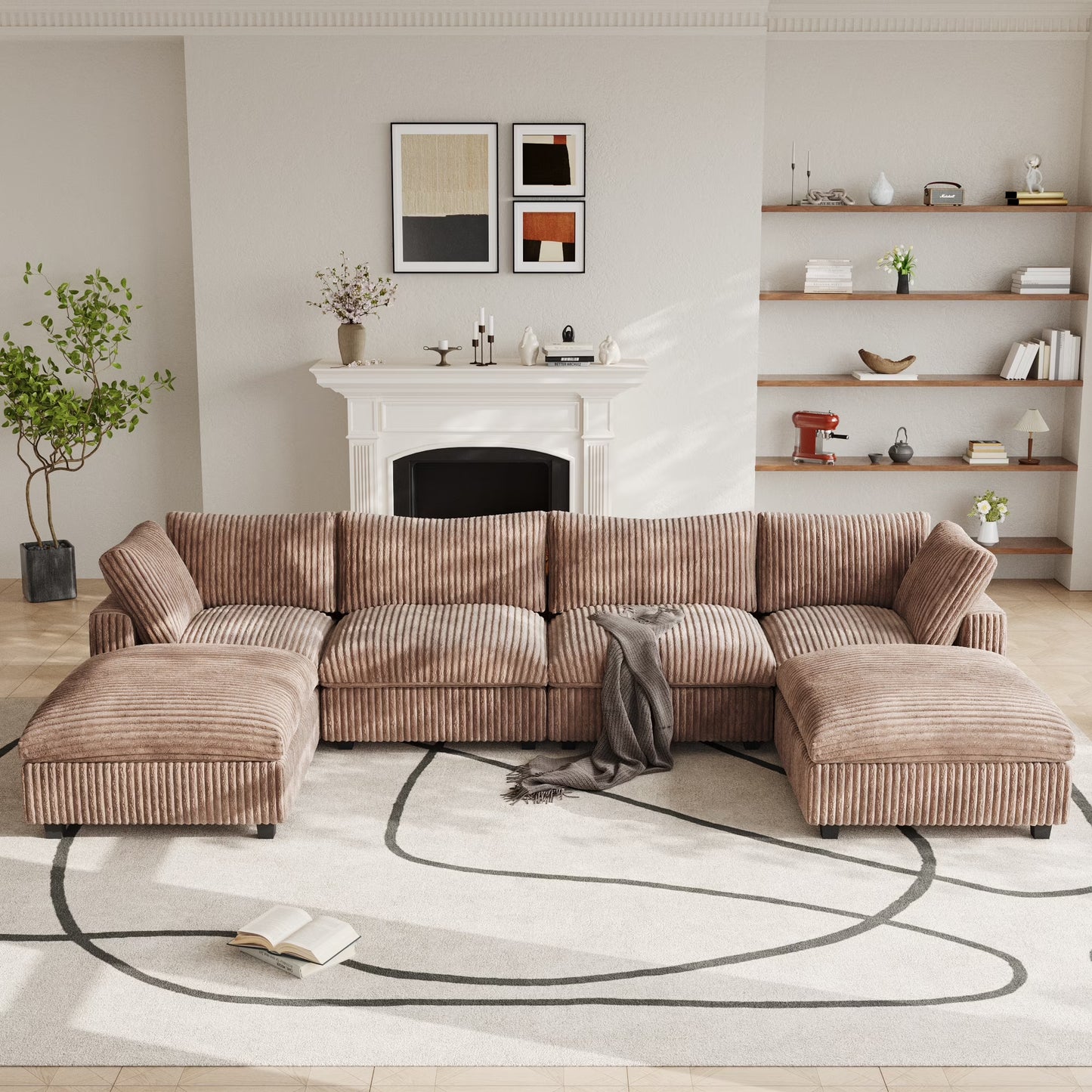 Modular Sectional Sofa,Oversized U Shaped Sofa with Ottomans,Plush Deep Seat Cloud Sofa Couch for Living Room,Apartment, Couch Cushion Covers Removable ( Brown, 4 Seat with 2 Ottomans)