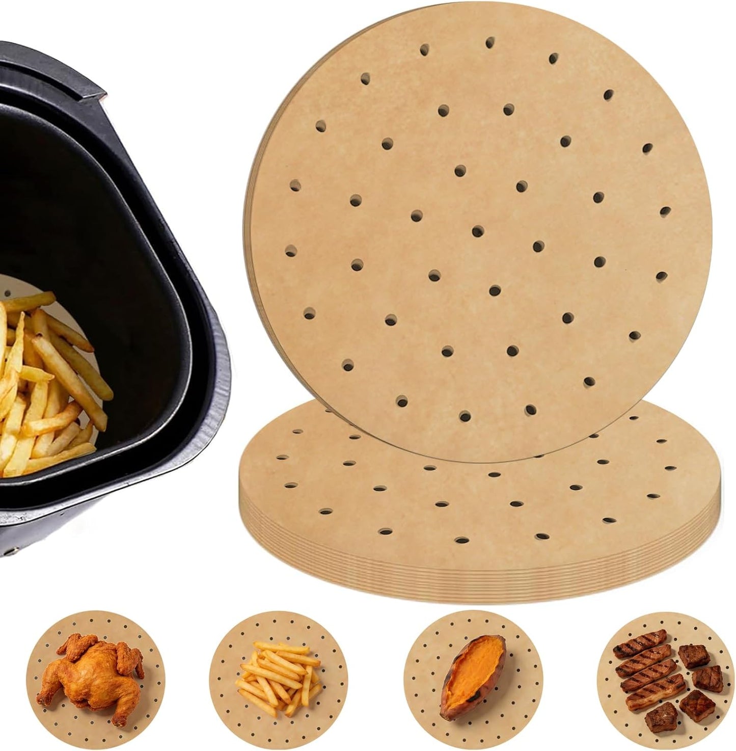 Air Fryer Parchment Paper Liners, 7 Inch Disposable Papers Liner for 2.5-4QT Baking, 100 Pcs Pre-Cut Air Fryer Paper, Non-Stick Unbleached Steamer Liner for Microwave, Steaming Basket