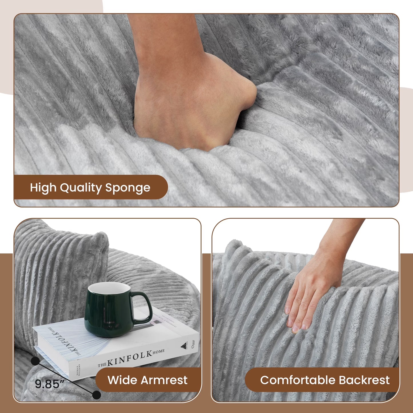 Magic Home Modern Lazy Sofa Foam Couch Sectional Sofa Togo Sofa Floor Sofa for Bedroom,Living Room,Apartment and Small Space,Single Seat Sofa,Gray