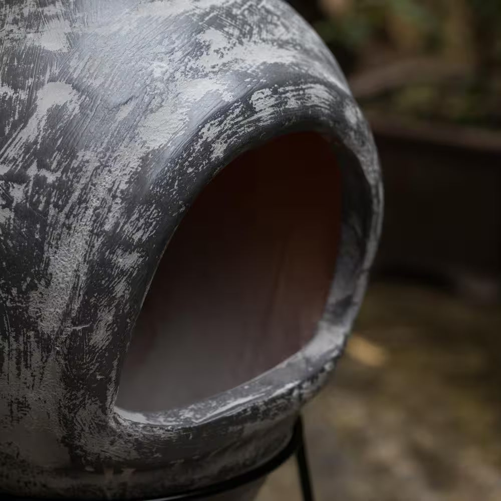 Outdoor Stoney Grey Clay Chimenea Scribbled Design Fire Pit with Metal Stand