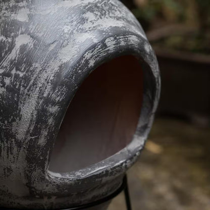 Outdoor Stoney Grey Clay Chimenea Scribbled Design Fire Pit with Metal Stand