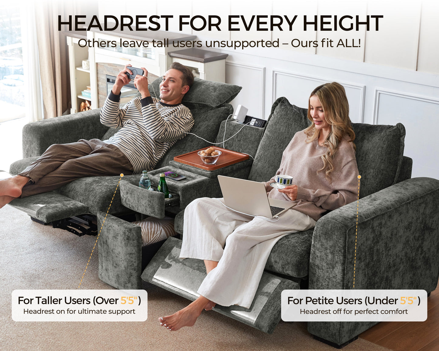Modular Sectional Power Reclining Sofa Gray