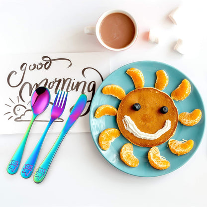 Stainless Steel Kids Silverware with Training Chopsticks, 12 Pieces Rainbow Toddler Utensils for 4-12 Years Old, Food Grade Metal Kids Utensils Set, Children Safe Flatware, Dishwasher Safe,