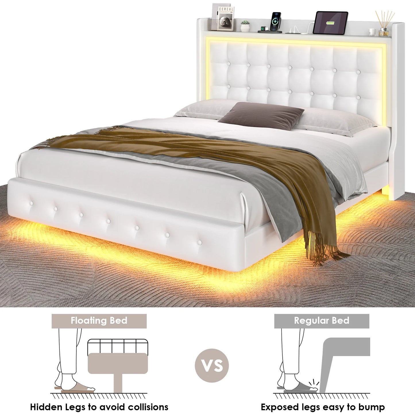 Queen Size Floating Bed with LED Lights Charging Station, Modern PU Upholstered Platform Bed with Storage Headboard, White