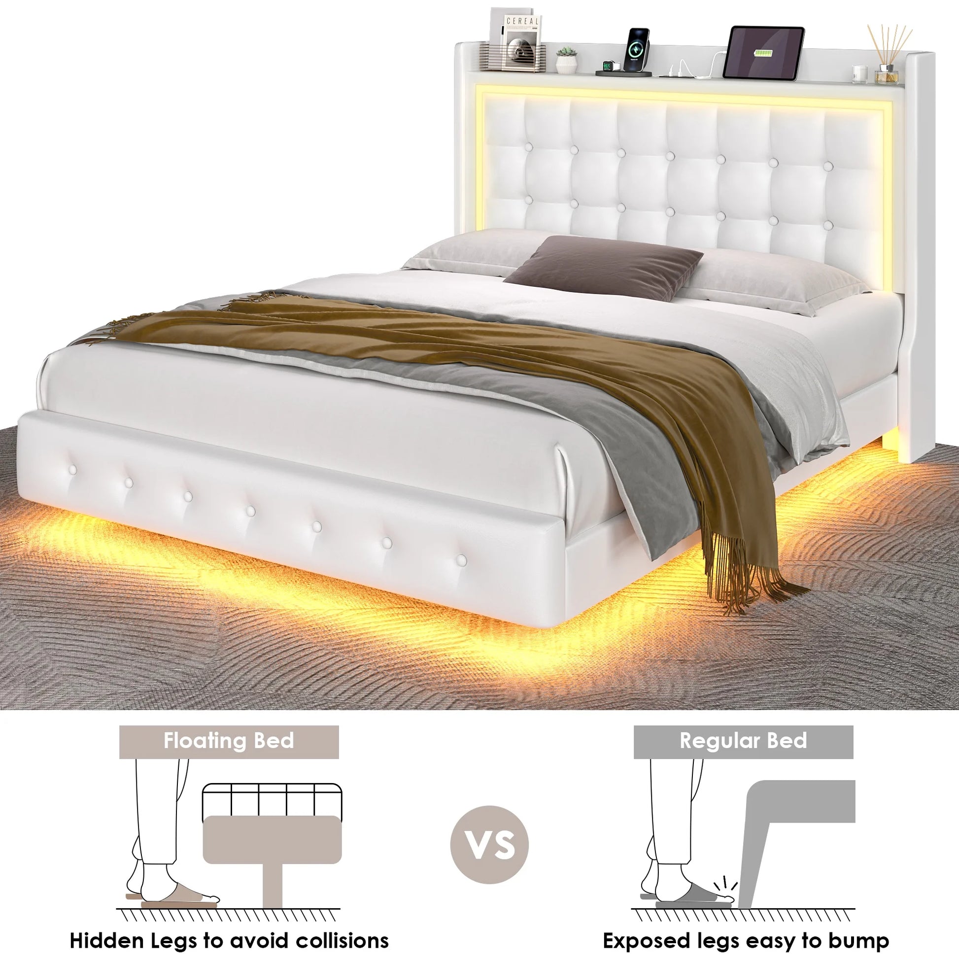 Queen Size Floating Bed with LED Lights Charging Station, Modern PU Upholstered Platform Bed with Storage Headboard, White