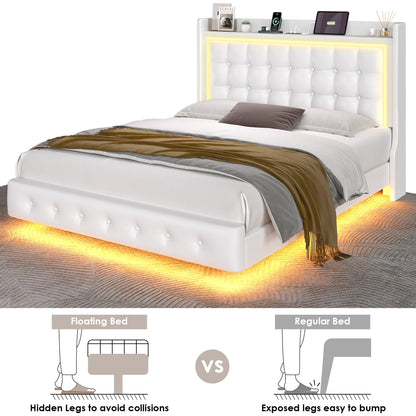 Queen Size Floating Bed with LED Lights Charging Station, Modern PU Upholstered Platform Bed with Storage Headboard, White